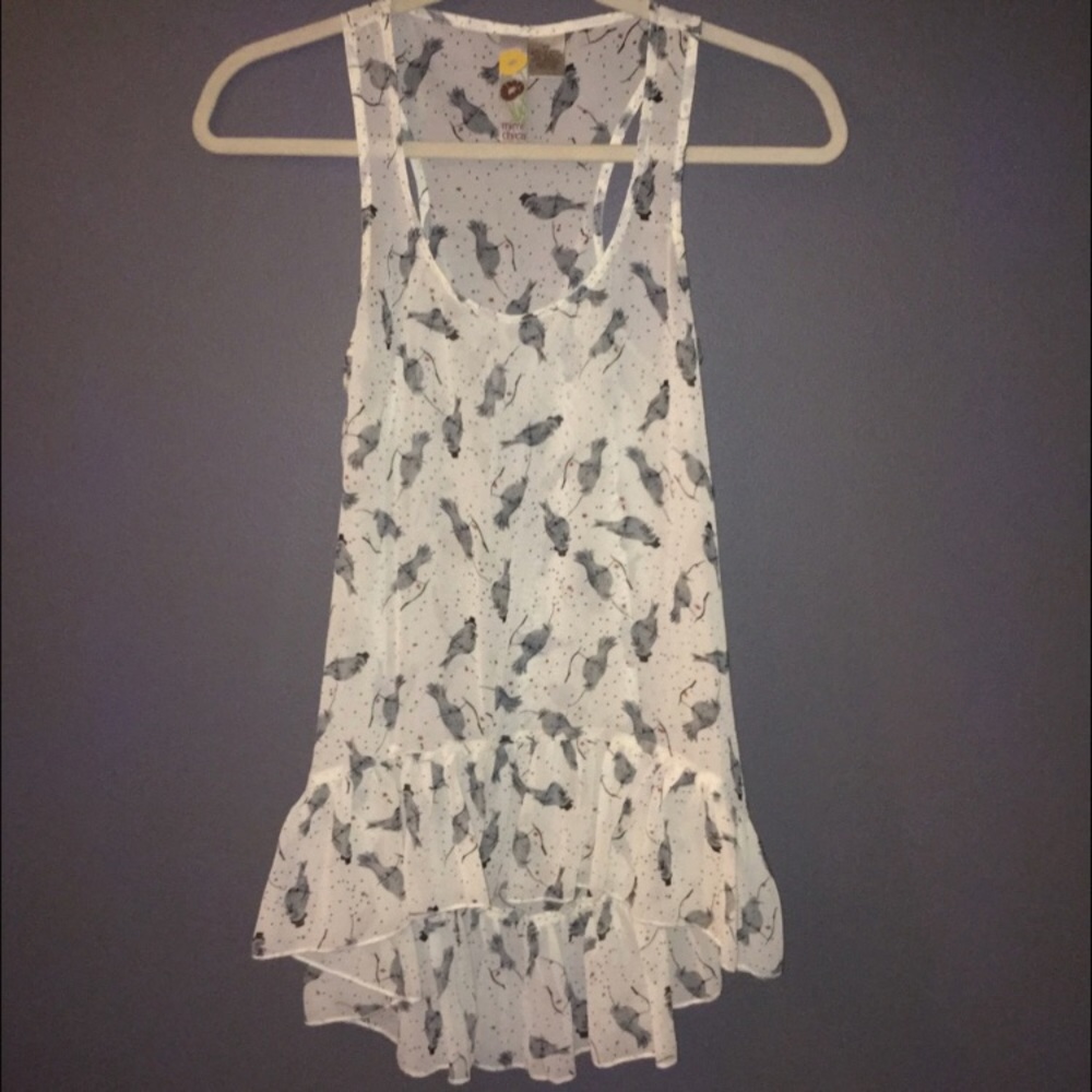 Mimi Chica Bird print semi sheer ruffle hi/low top
